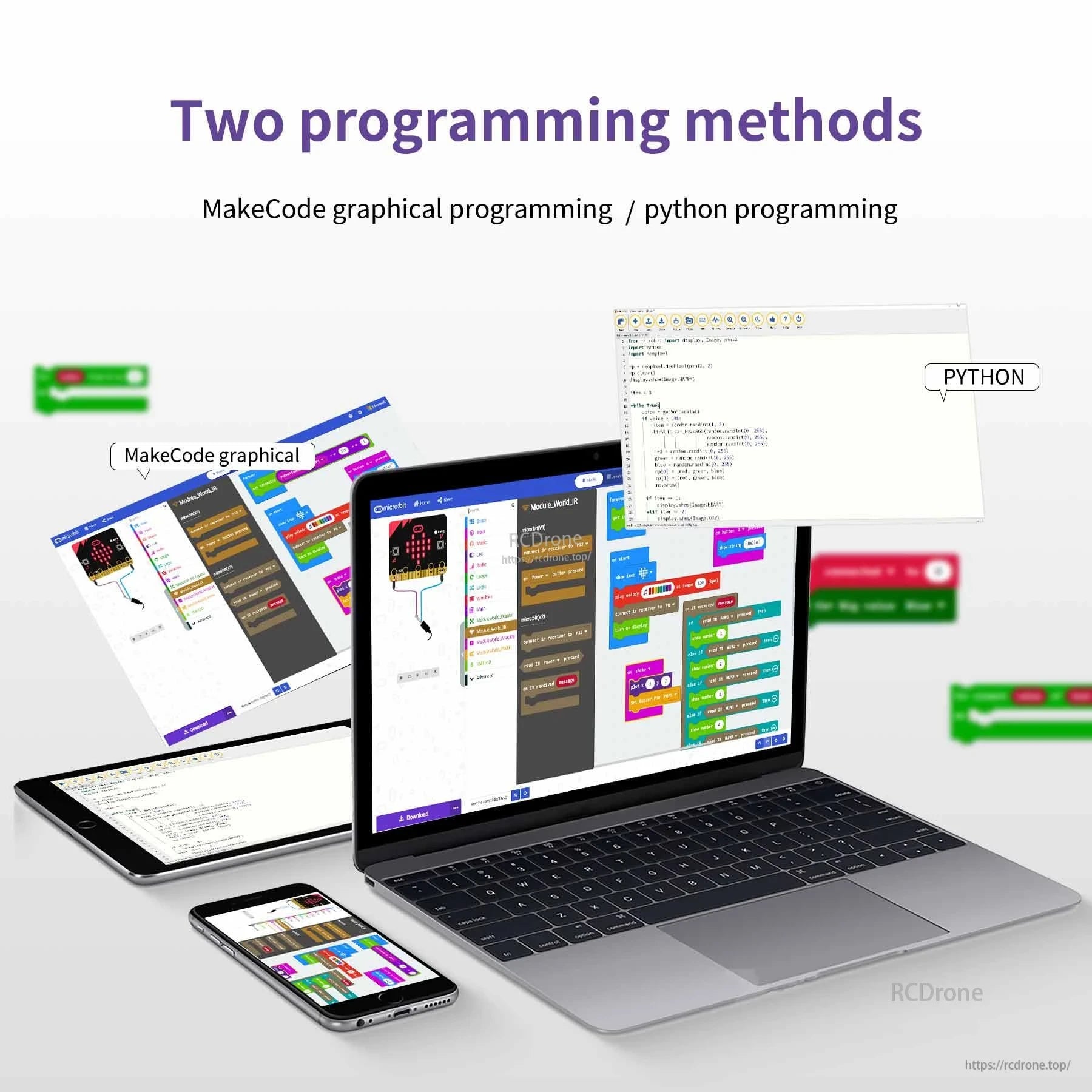 MakeCode and Python programming methods shown on laptop, tablet and phone for micro:bit projects