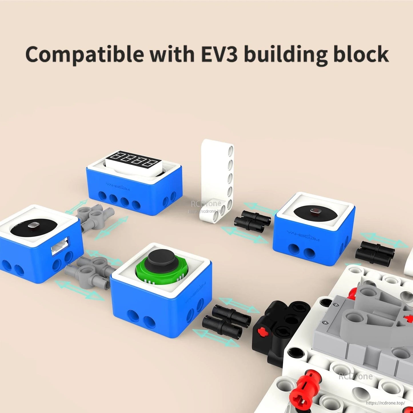 EV3 building block compatibility diagram showing sensor modules attaching to bricks with connector pieces