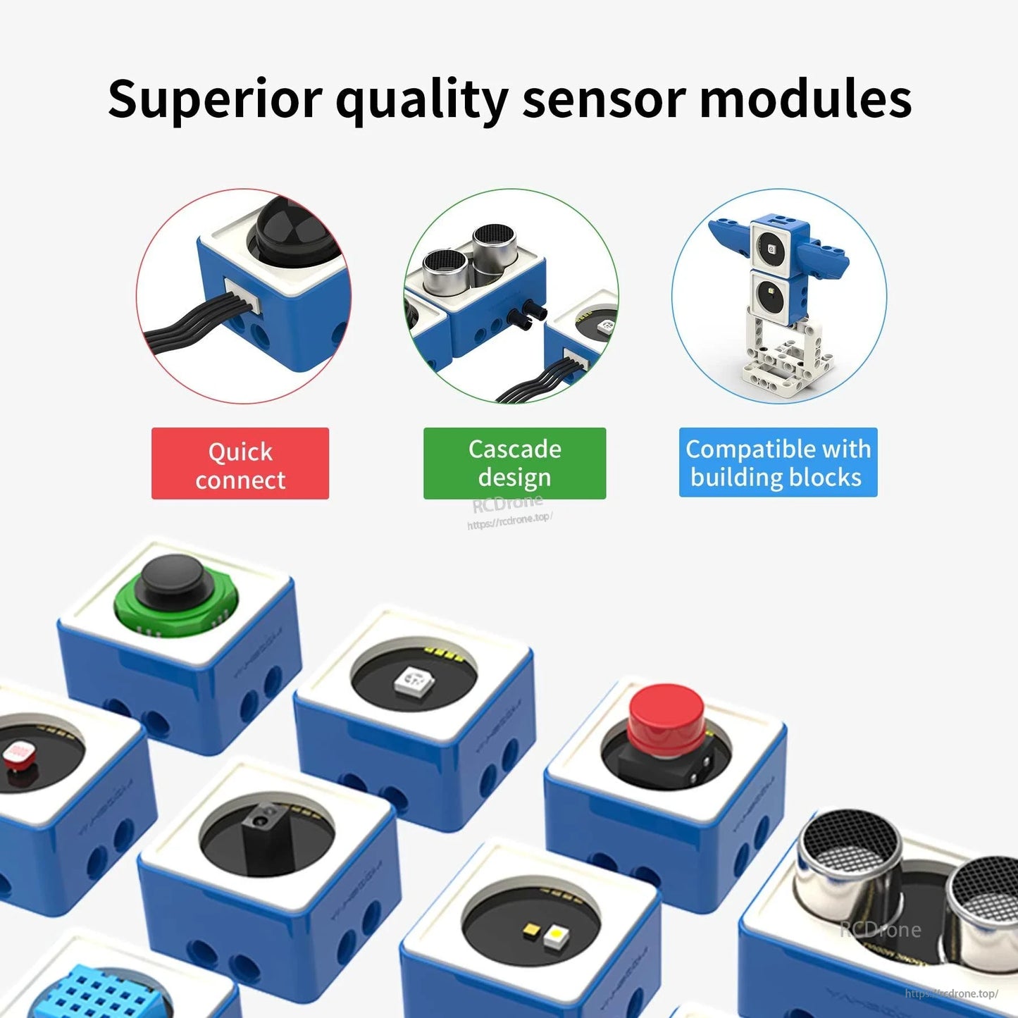 Graphic of quick-connect cascade sensor modules compatible with building blocks, showing button and ultrasonic modules