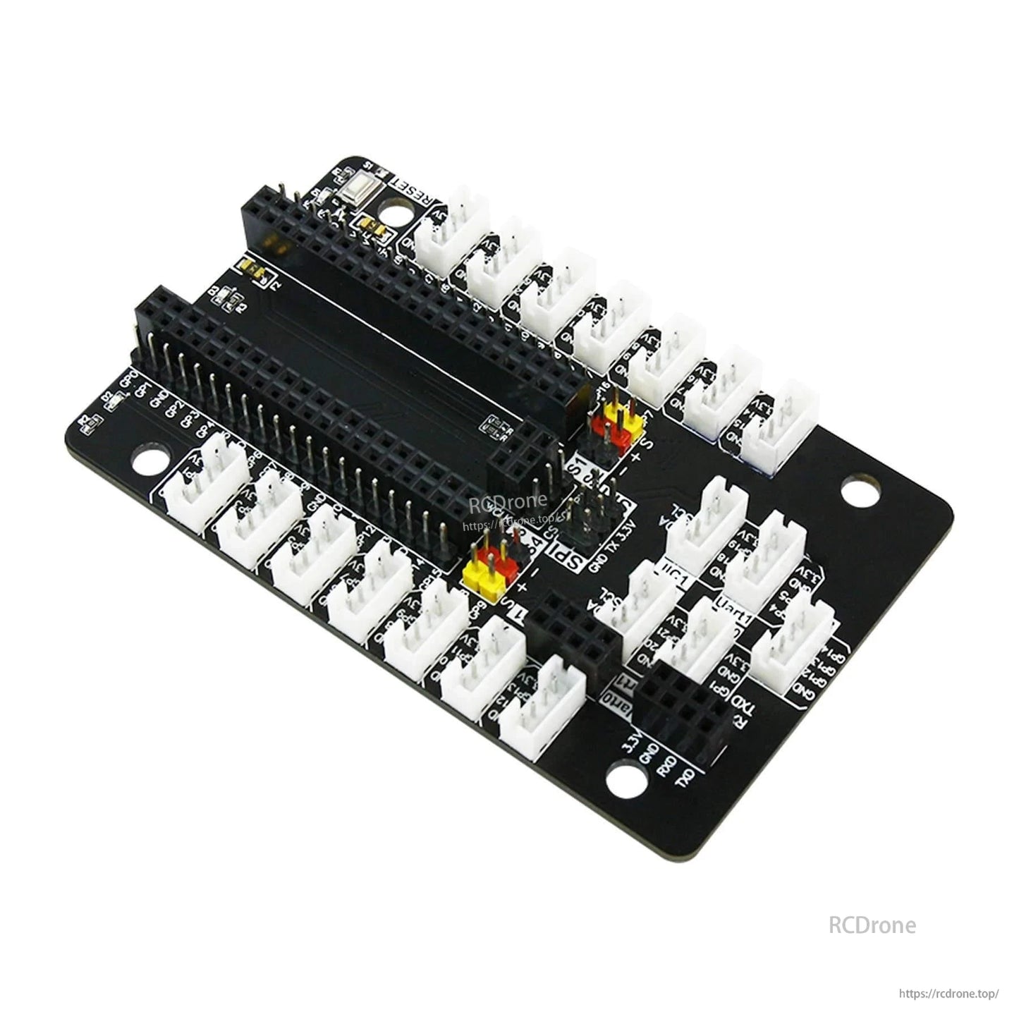Angled view of expansion board showing dual pin headers and rows of white PH2.0 sensor ports