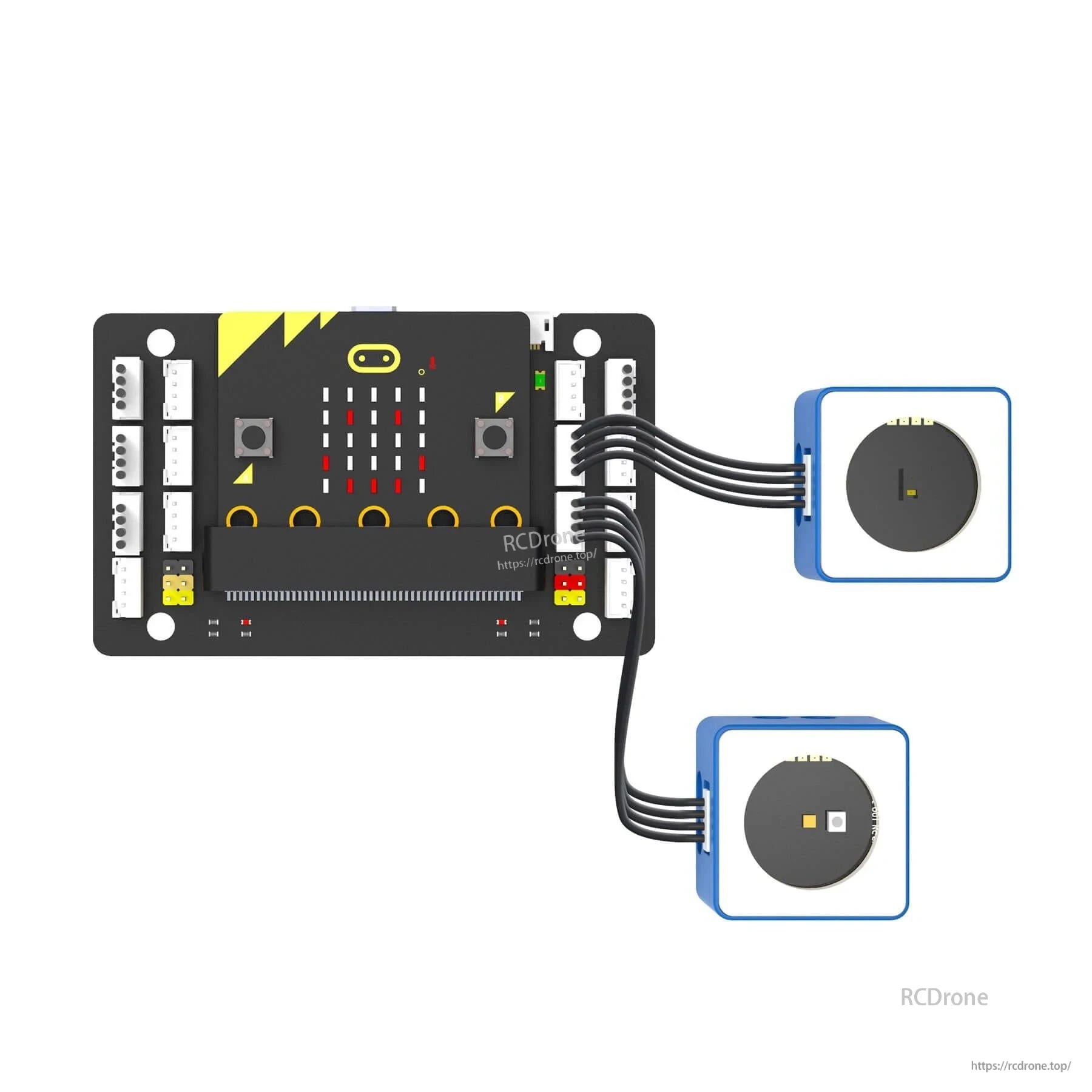 Micro:bit development board on expansion base with two PH2.0 sensor modules connected by cables
