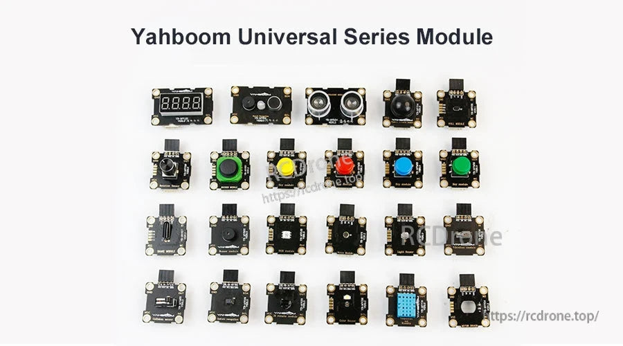 Assorted Yahboom universal series electronic sensor and button modules arranged in a grid on a white background