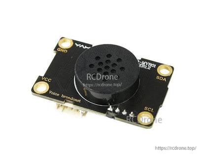Angled view of voice broadcast module showing speaker housing thickness and edge connectors