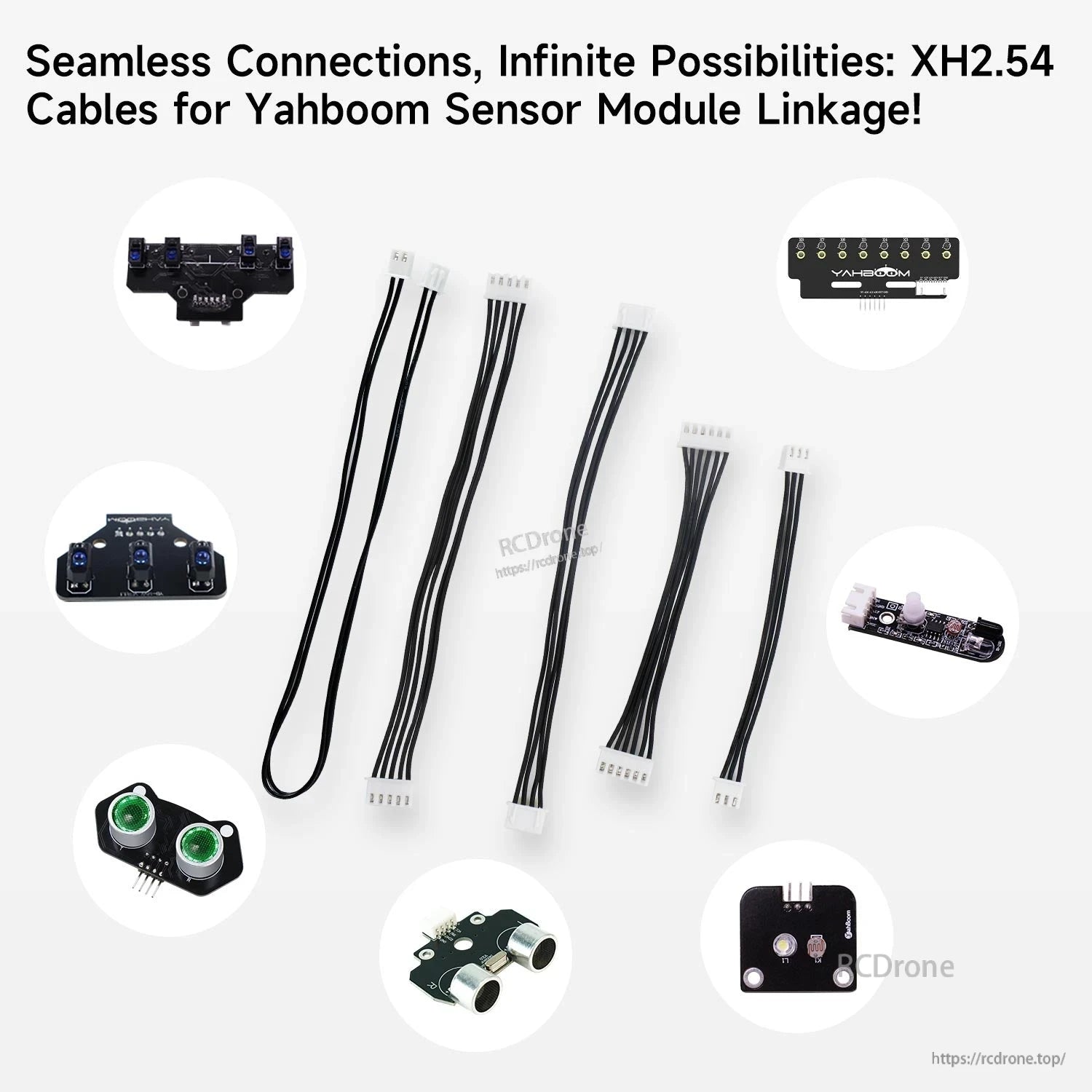 Yahboom XH2.54 (XH2.5) cables shown with compatible sensor module illustrations on a white background