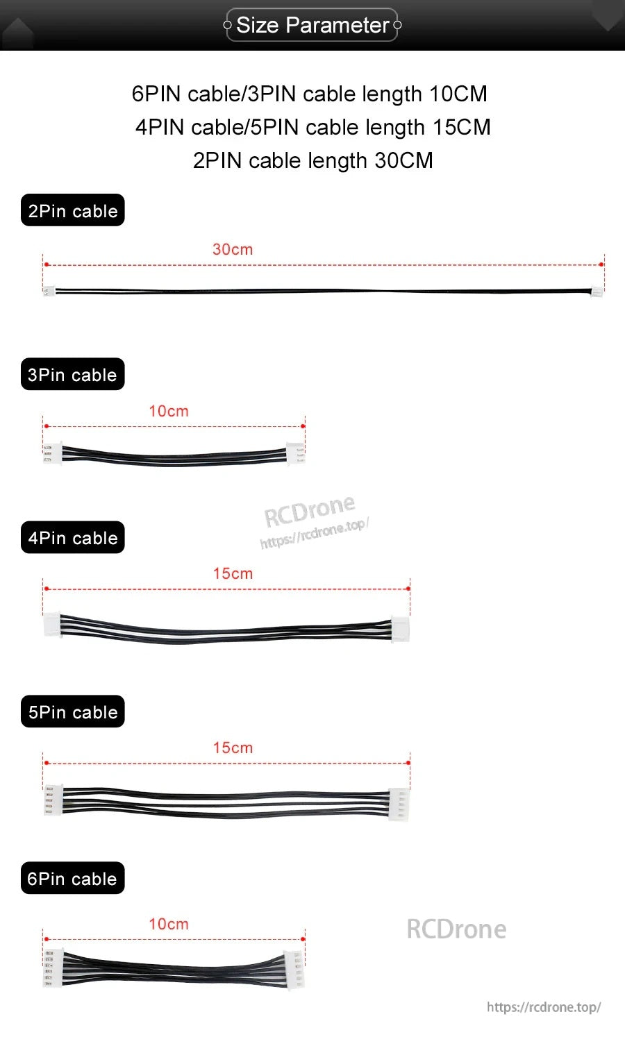 XH2.54 cable size parameters showing lengths: 2-pin 30 cm; 3/6-pin 10 cm; 4/5-pin 15 cm