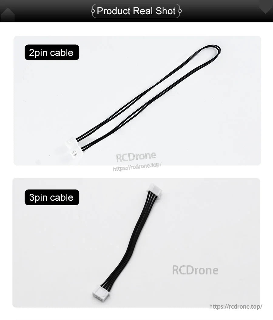 Real product photo of 2-pin and 3-pin XH2.54 connection cables with white housings and black leads