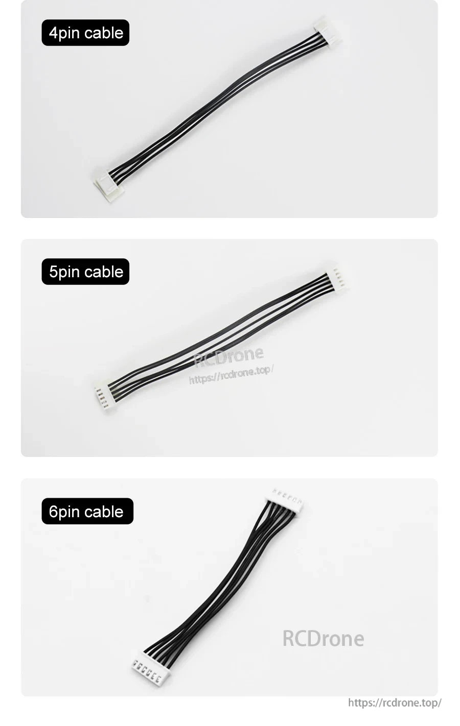 Real product photo of 4-pin, 5-pin, and 6-pin XH2.54 connection cables with black wires and white plugs
