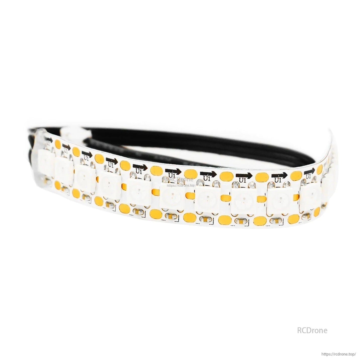 Close-up of flexible WS2812 RGB LED strip section with solder pads and black lead wire