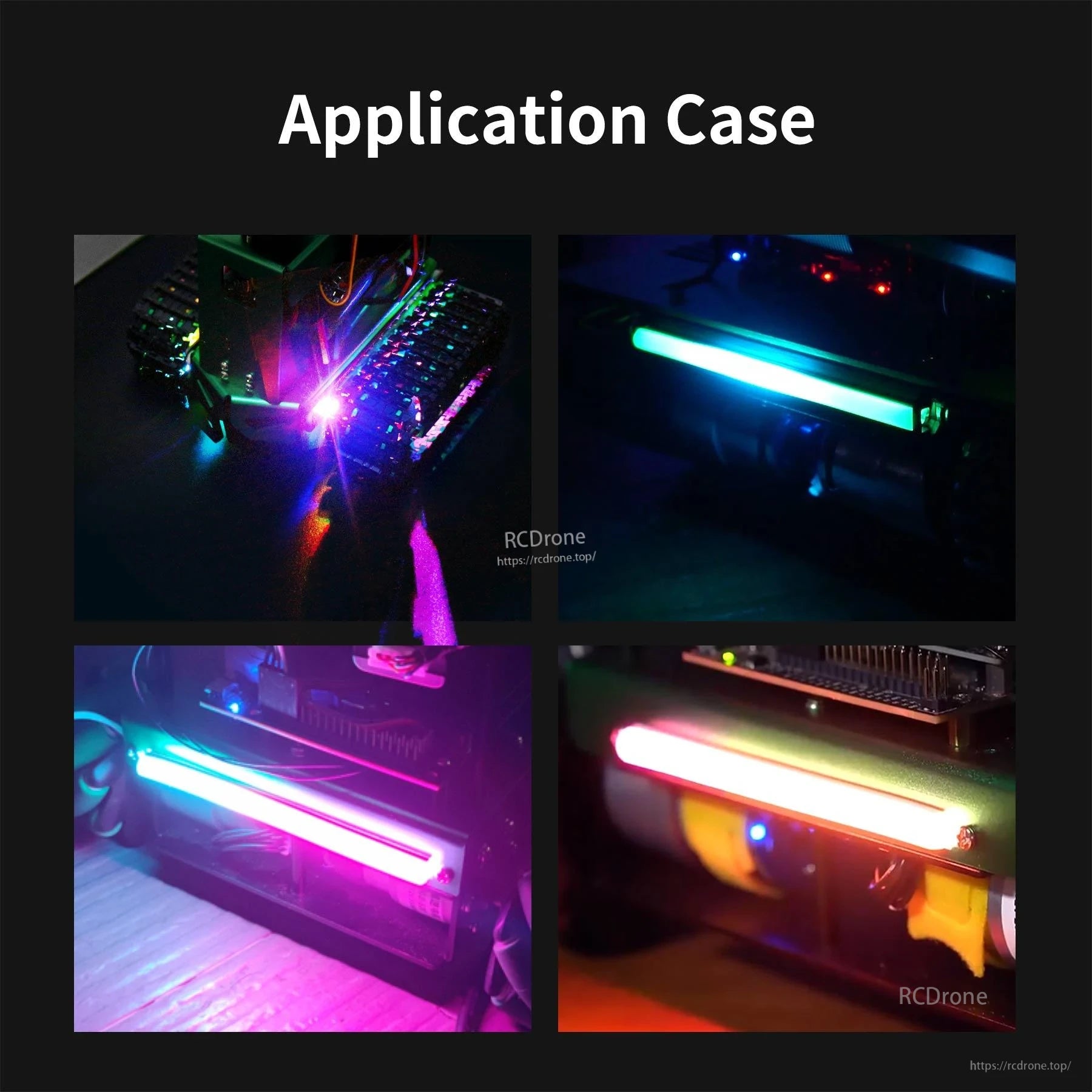 Application case photos showing WS2812 RGB light bar mounted on robot chassis lighting effects