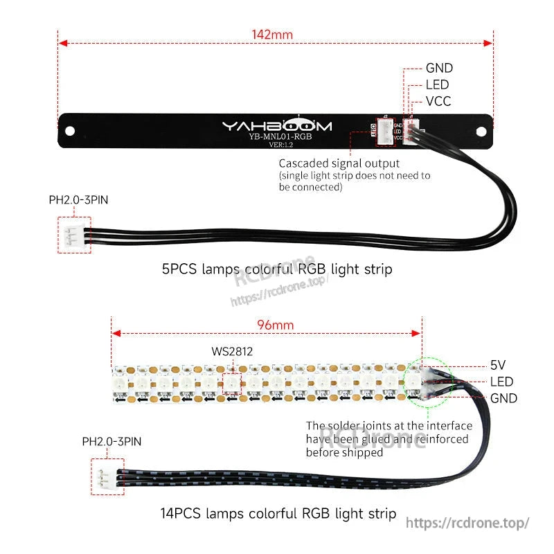 Yahboom WS2812 RGB light bar strip dimensions and wiring diagram with VCC, LED signal, GND labels
