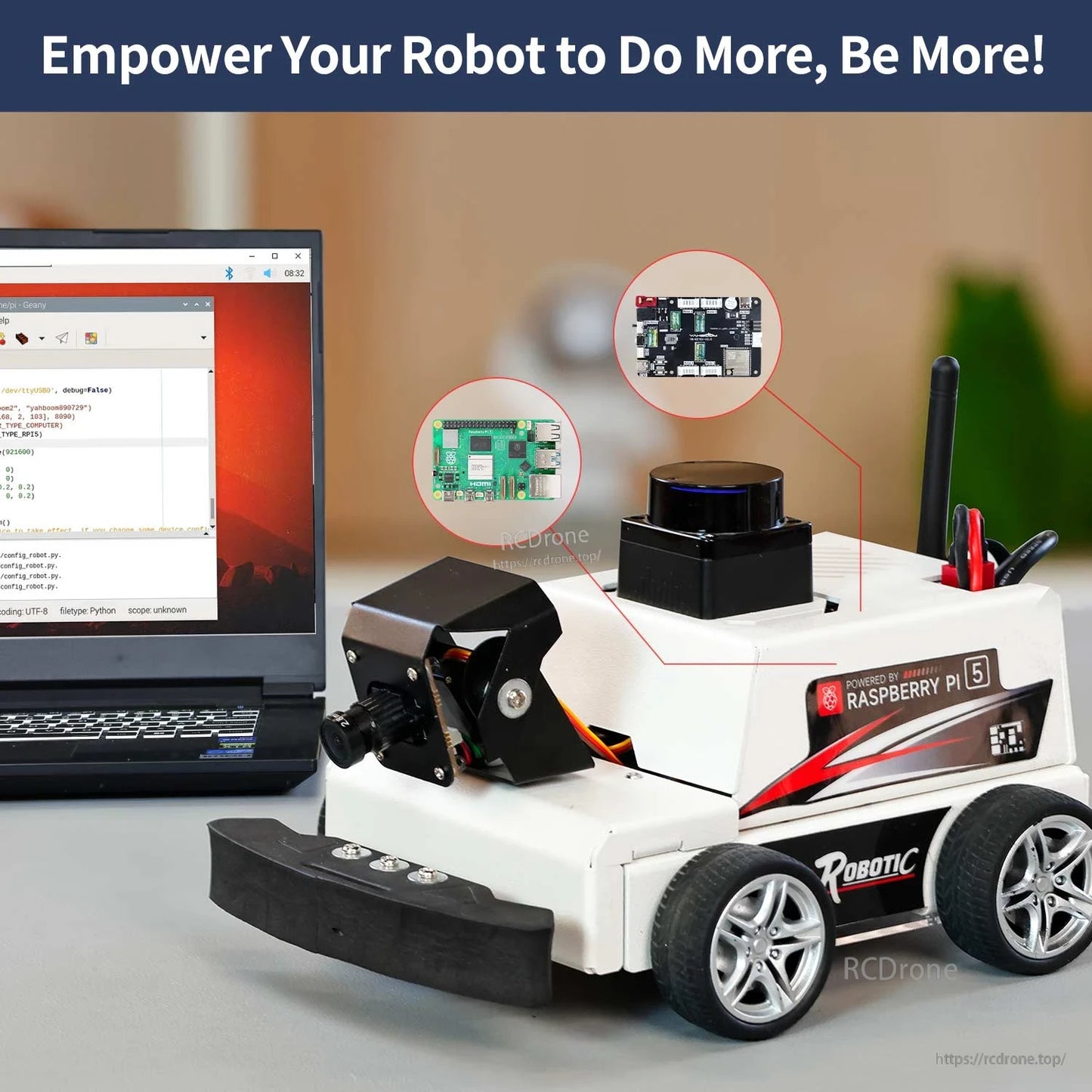 Robot car demo setup with Raspberry Pi 5 and laptop, highlighting control board use in a mobile robot project