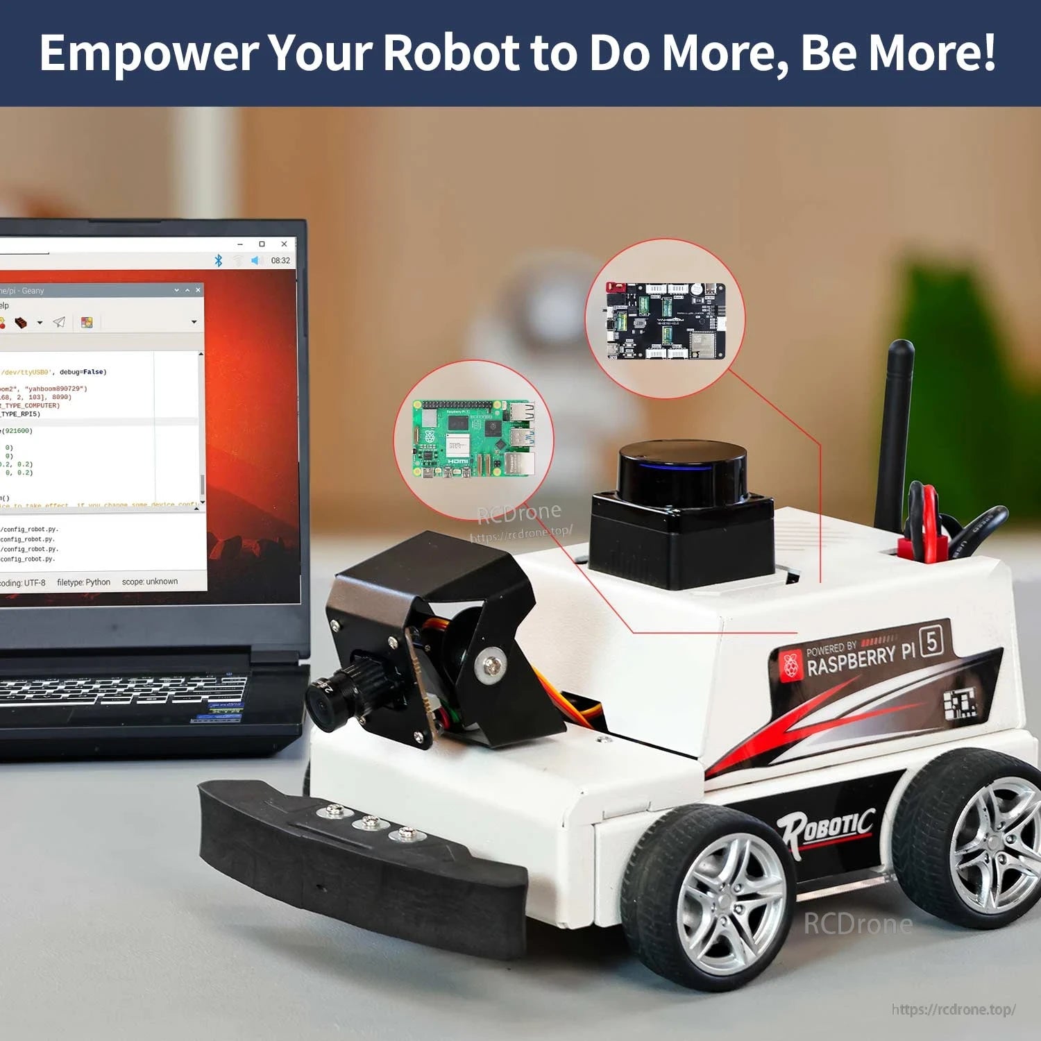 Robot car demo setup with Raspberry Pi 5 and laptop, highlighting control board use in a mobile robot project