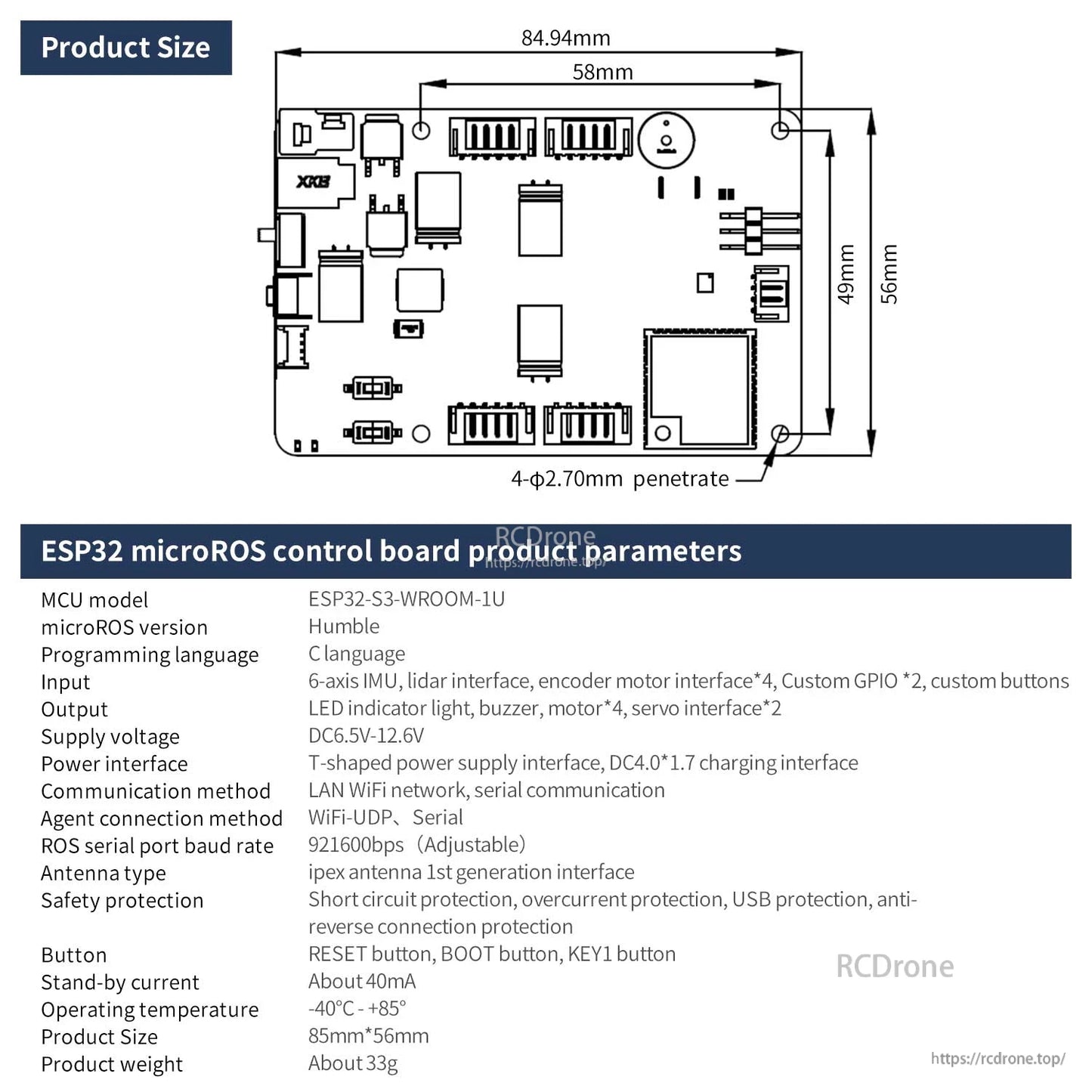 Product size drawing and parameter table with board dimensions and interface list for ESP32 microROS control board