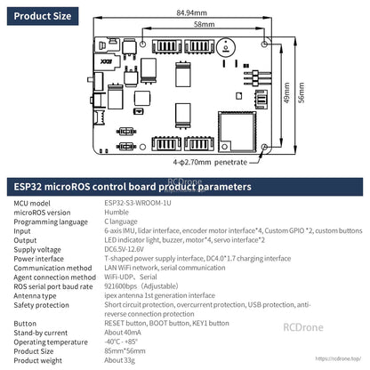 Product size drawing and parameter table with board dimensions and interface list for ESP32 microROS control board