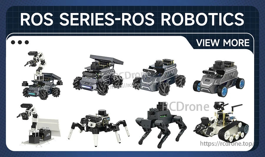 ROS Series robotics lineup graphic with multiple Yahboom ROS robot platforms and a “View more” prompt