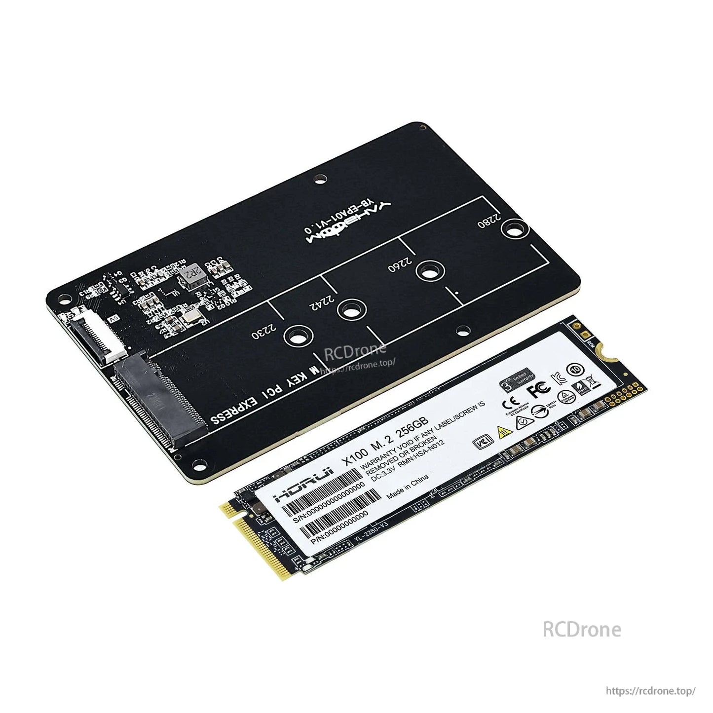 Adapter board and separate M.2 SSD shown side by side, rear view with M.2 slot and mounting holes