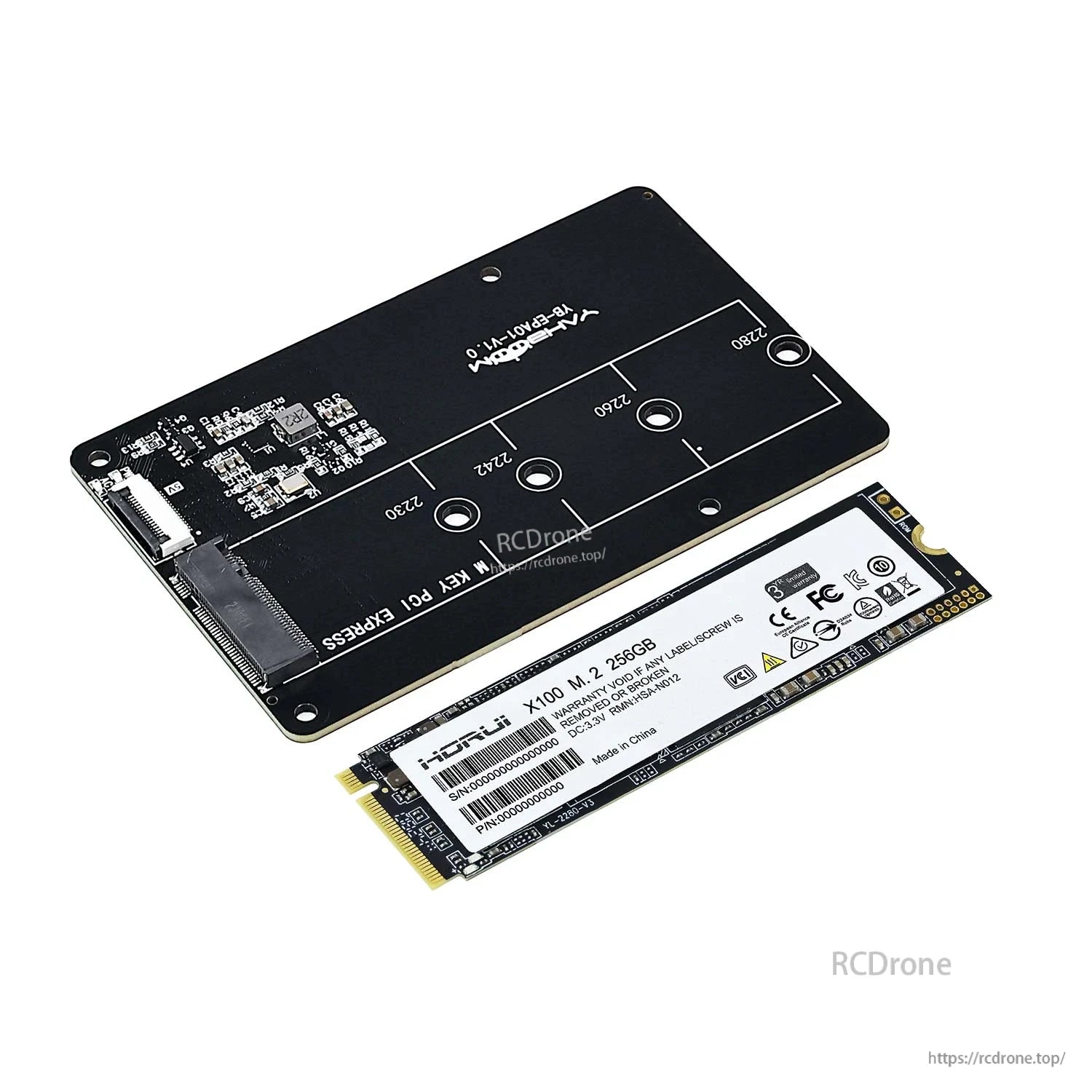 Adapter board and separate M.2 SSD shown side by side, rear view with M.2 slot and mounting holes