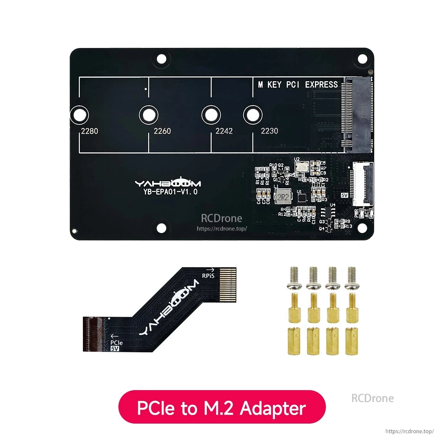 Package contents: PCIe to M.2 adapter board with FPC ribbon cable, screws and brass standoffs