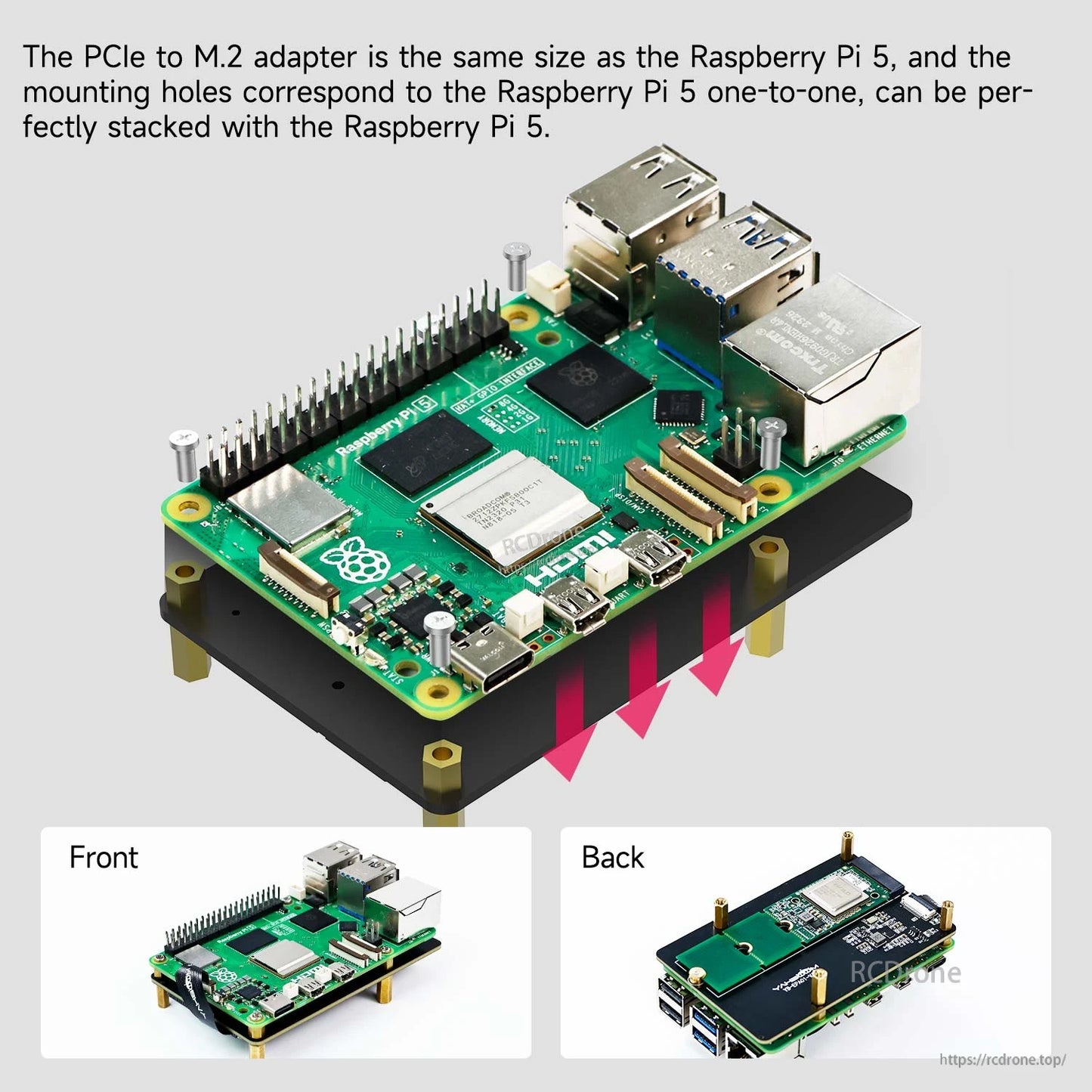 Stacked setup showing adapter size and mounting alignment with Raspberry Pi 5, front and back views