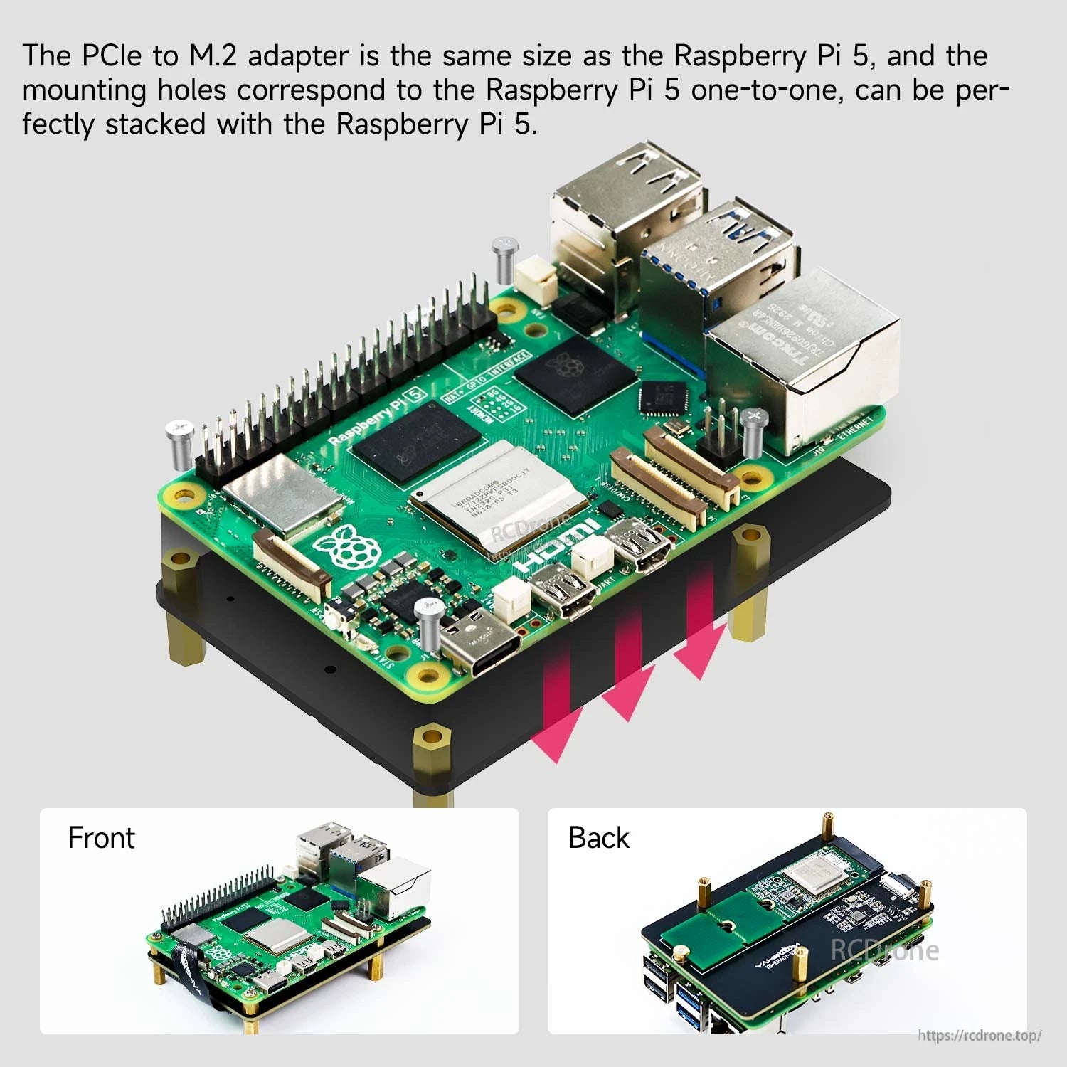 Stacked setup showing adapter size and mounting alignment with Raspberry Pi 5, front and back views