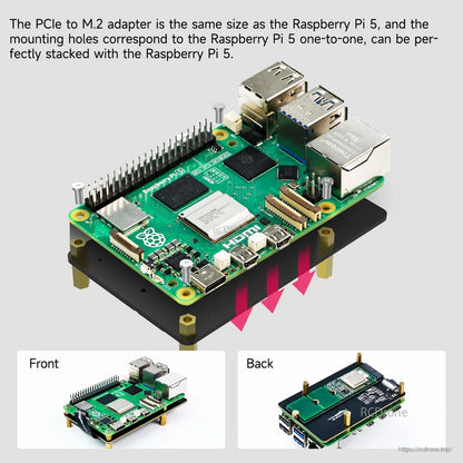 Stacked setup showing adapter size and mounting alignment with Raspberry Pi 5, front and back views