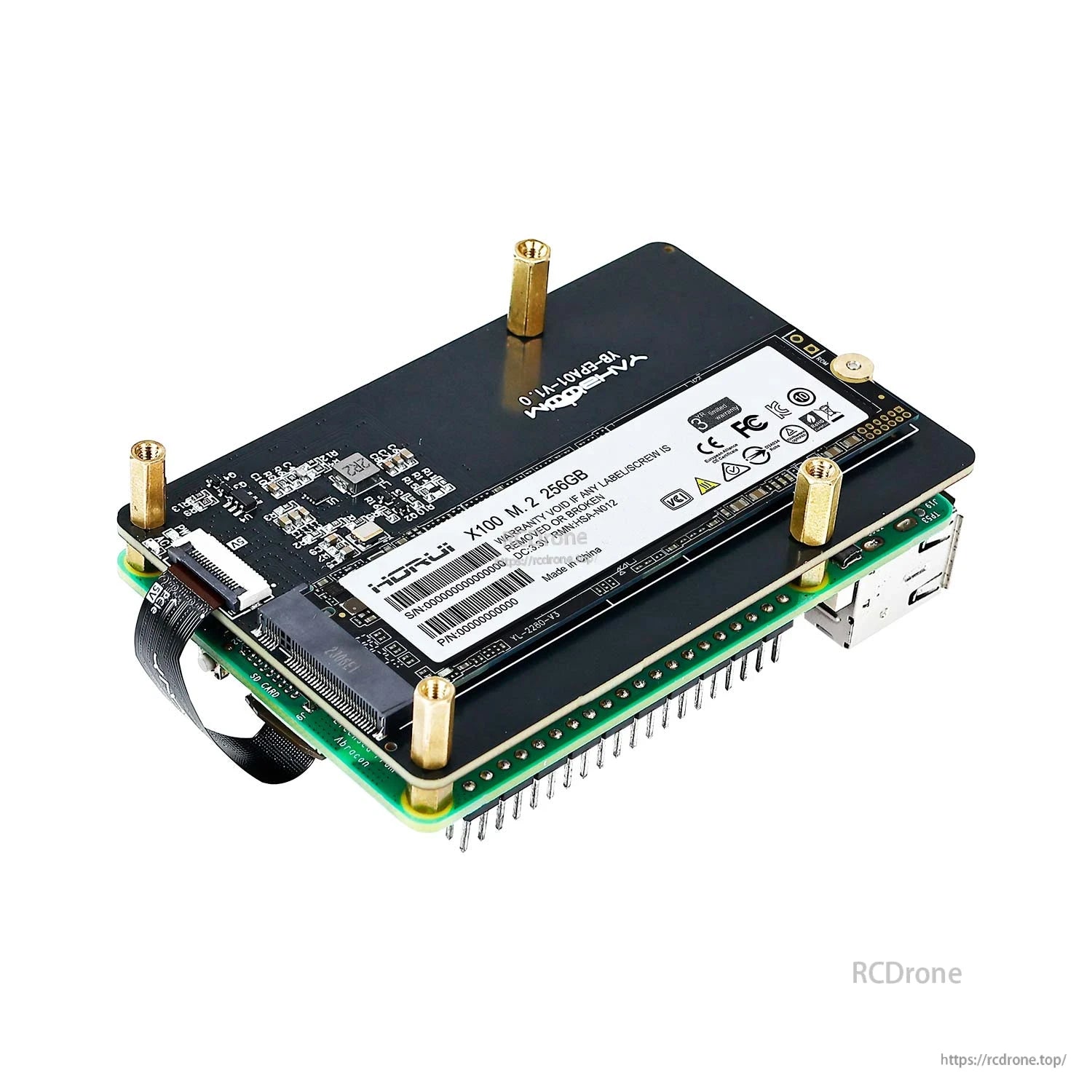Installed M.2 SSD on adapter stacked on Raspberry Pi via FPC ribbon and brass standoffs, side angle