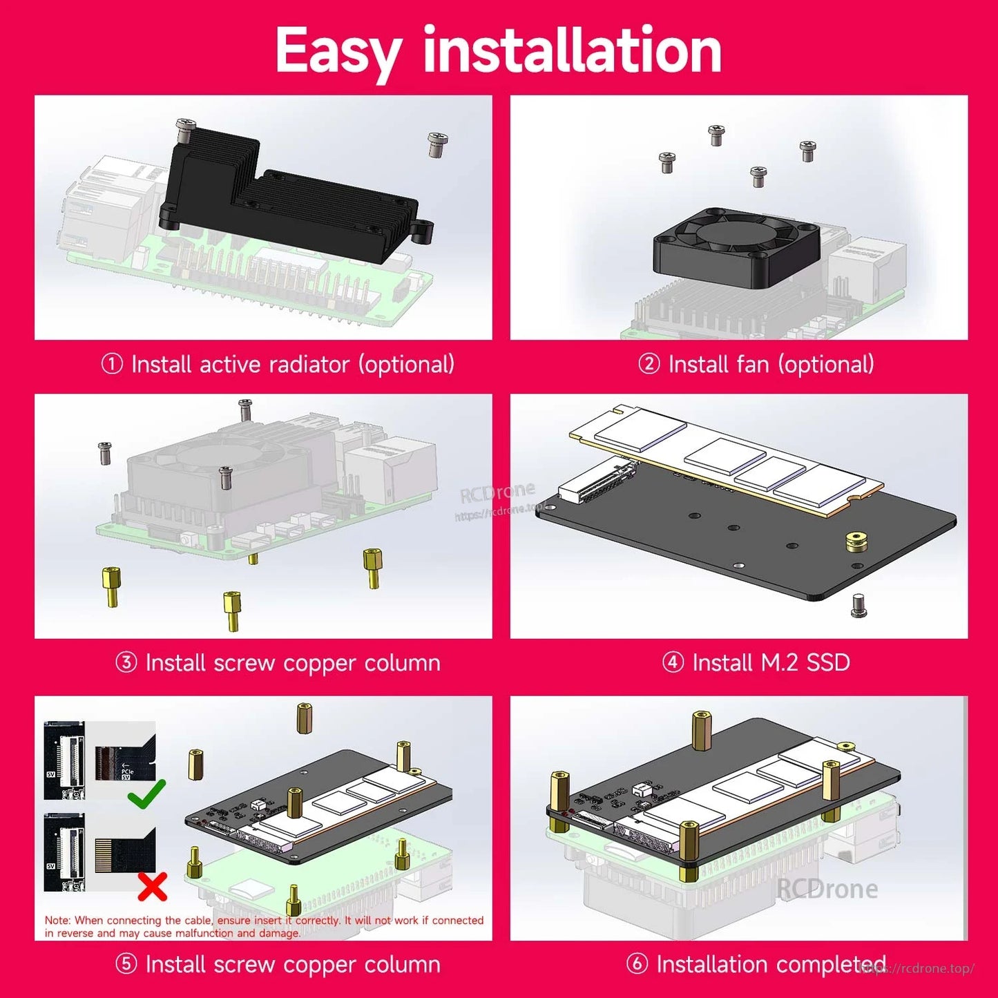 Easy installation steps diagram for mounting SSD, copper standoffs, optional radiator and fan