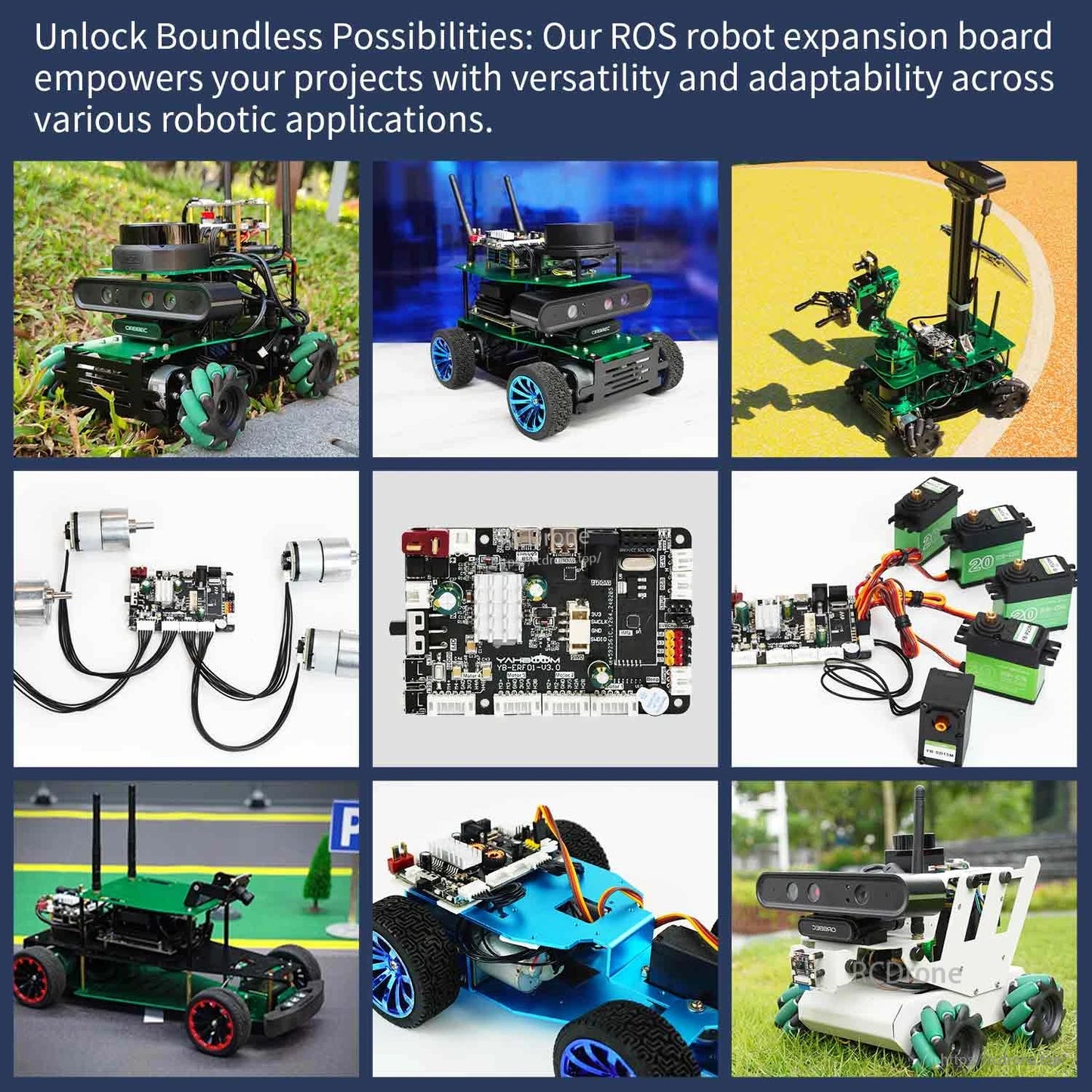 ROS robot expansion board application collage showing robot car builds, wiring examples and integration use cases