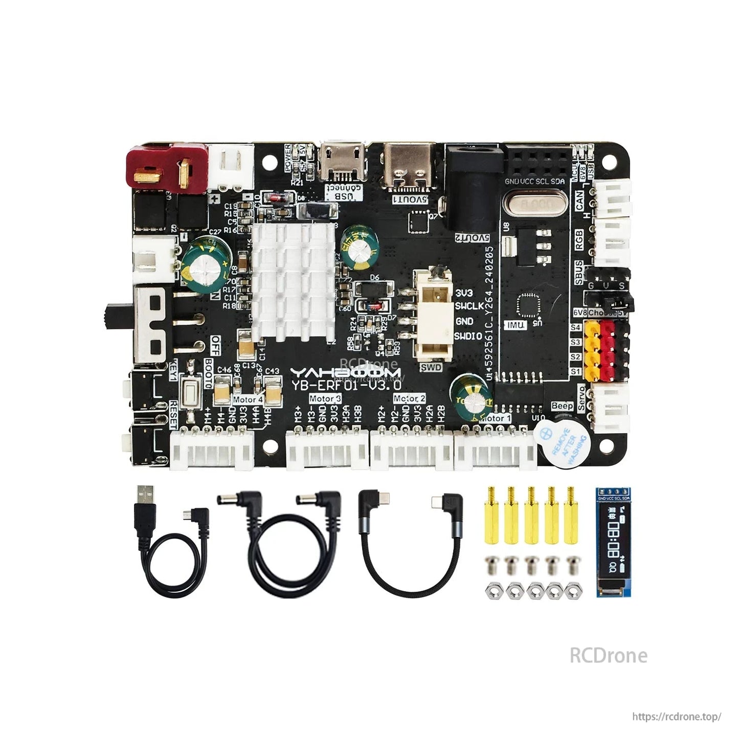 Kit contents layout: YB-ERF01 V3.0 control board with USB cables, header pins, screws and small display module