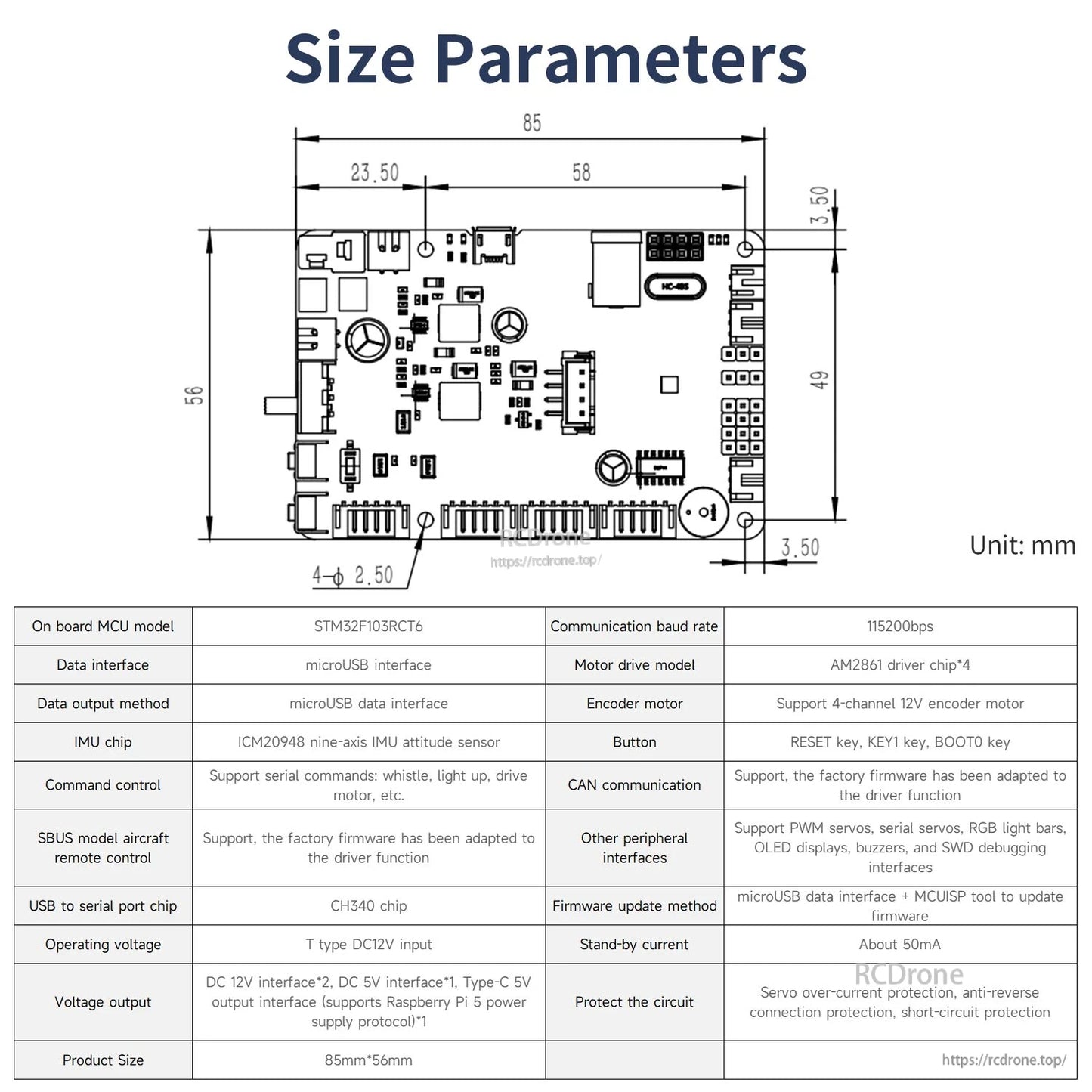 Yahboom YB-ERF01 V3.0 size parameters drawing with dimensions in mm and specification table