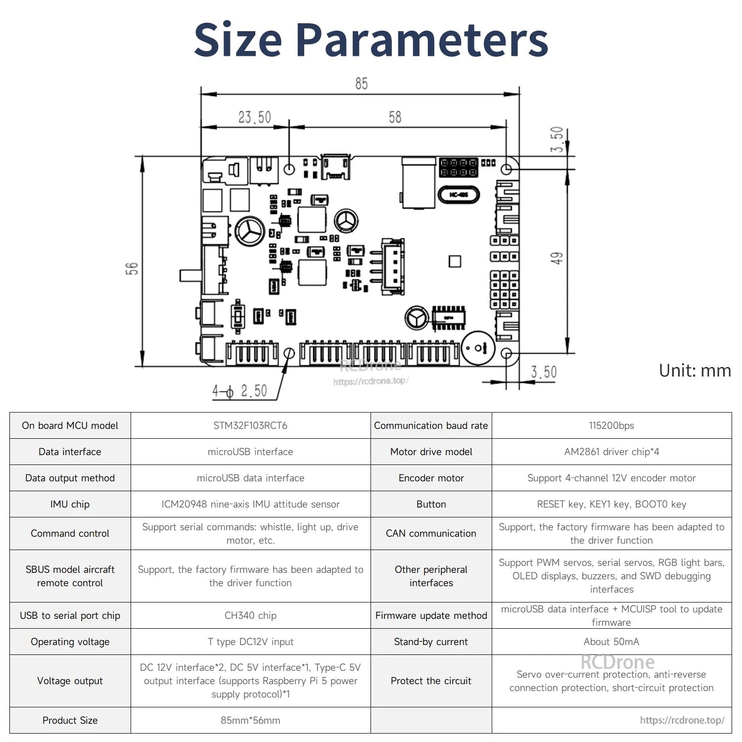 Yahboom YB-ERF01 V3.0 size parameters drawing with dimensions in mm and specification table
