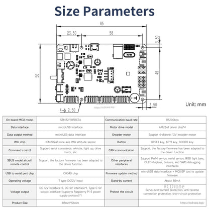 Yahboom YB-ERF01 V3.0 size parameters drawing with dimensions in mm and specification table