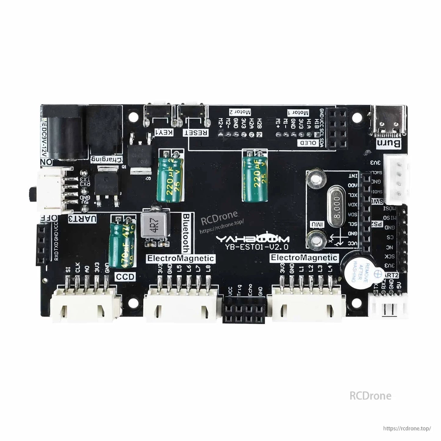 Front view of Yahboom YB-EST01-V2.0 driver expansion board showing headers, ports, and onboard components