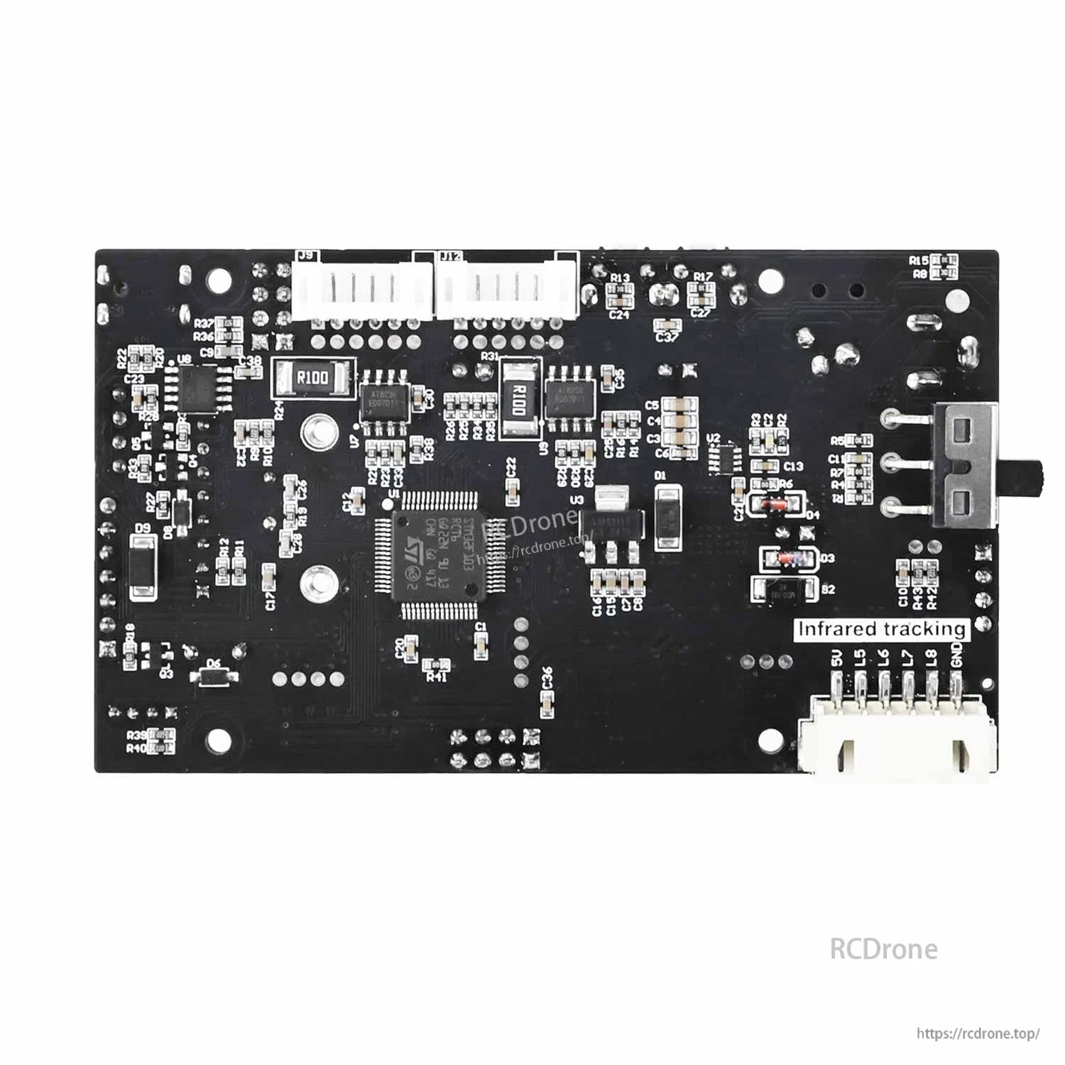 Back side of the driver expansion board PCB showing components, solder points, and infrared tracking connector