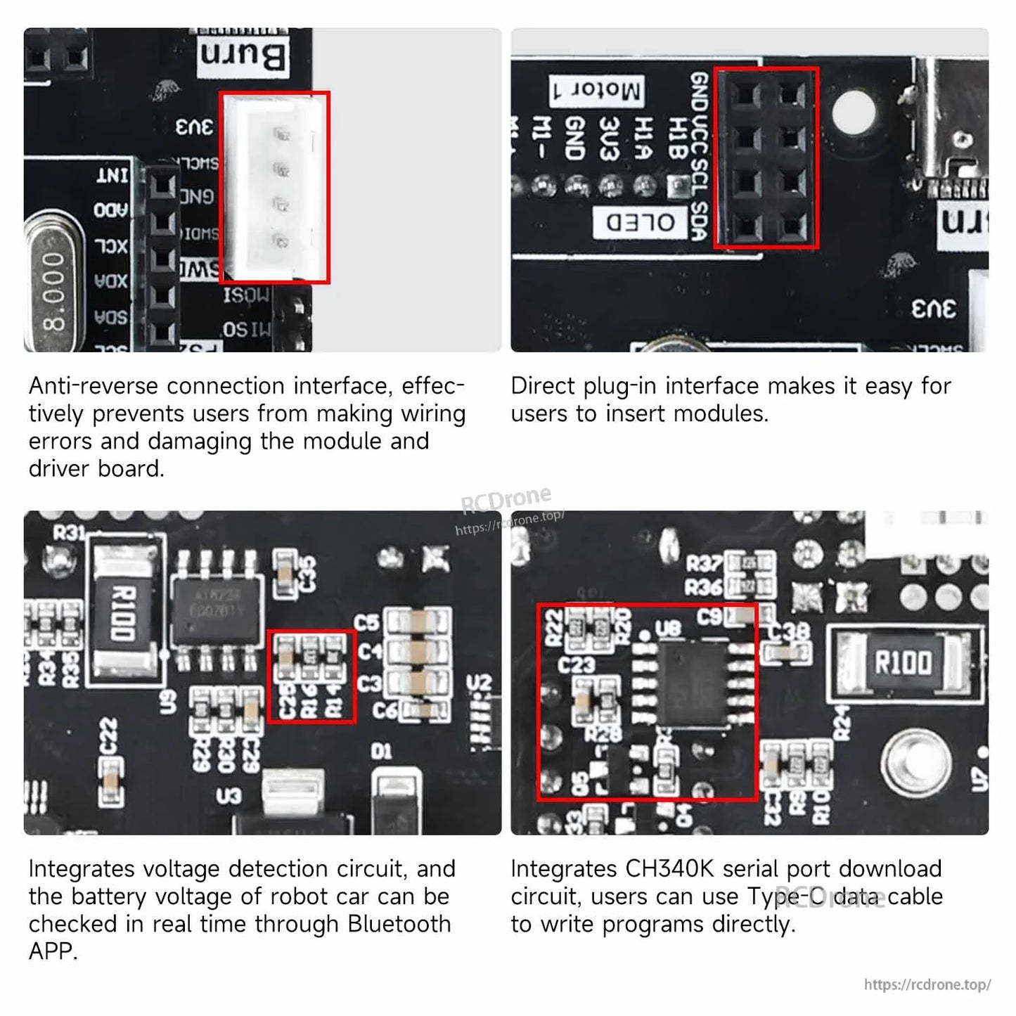 Connector and circuit close-ups: anti-reverse header, direct plug-in ports, voltage detection, CH340K Type-C