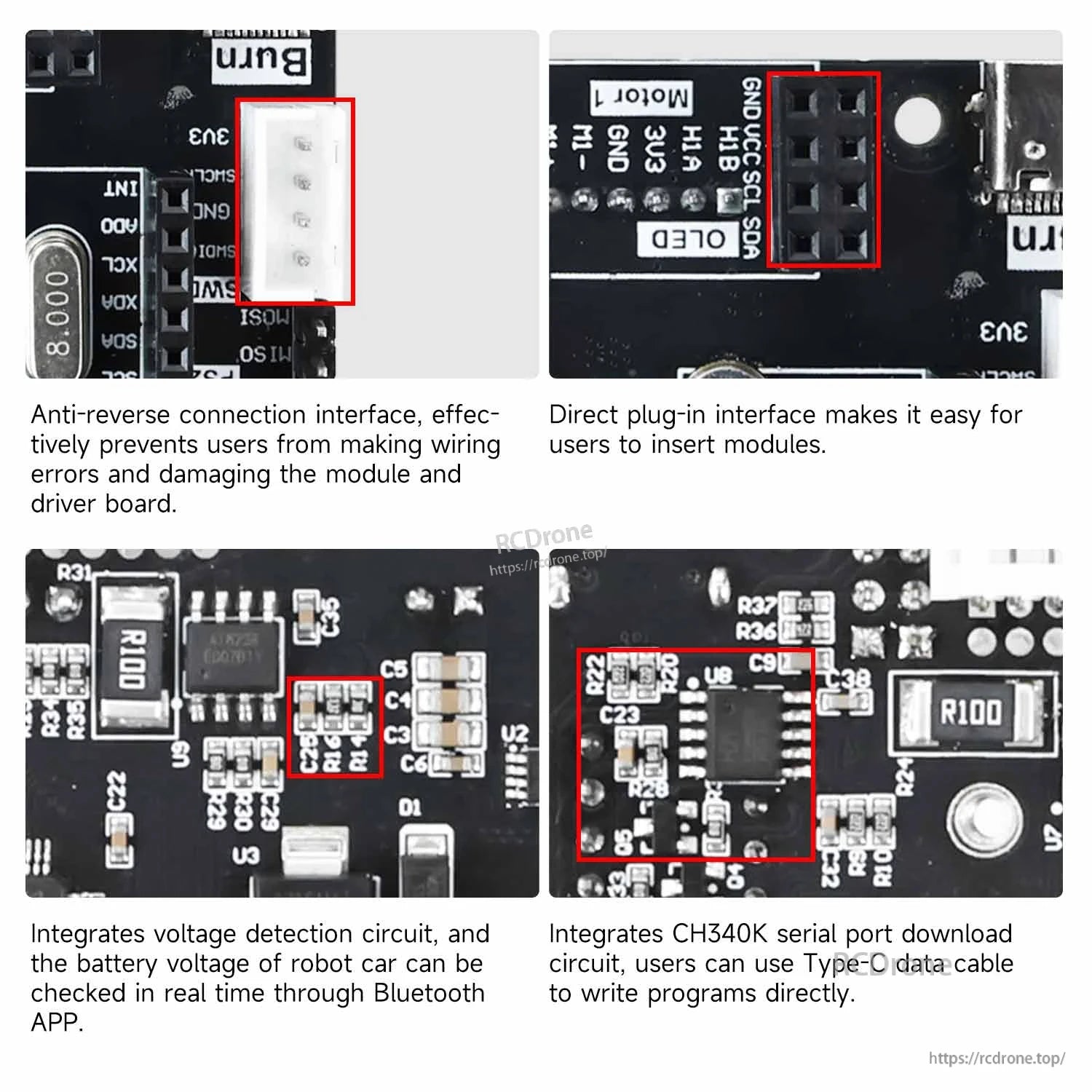 Connector and circuit close-ups: anti-reverse header, direct plug-in ports, voltage detection, CH340K Type-C