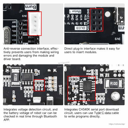 Connector and circuit close-ups: anti-reverse header, direct plug-in ports, voltage detection, CH340K Type-C