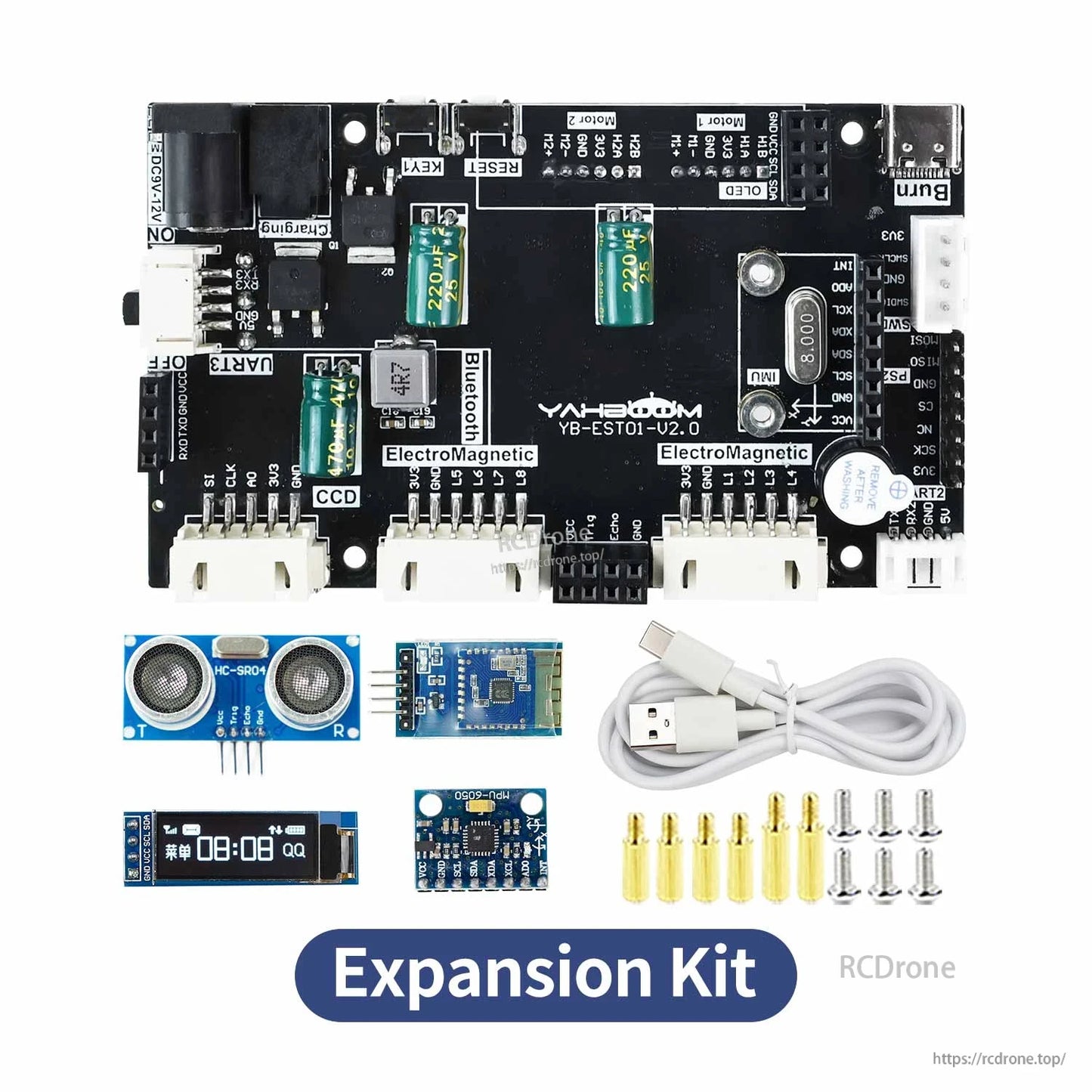 Expansion Kit contents with board, ultrasonic module, OLED display, MPU6050, Bluetooth module, cable and hardware