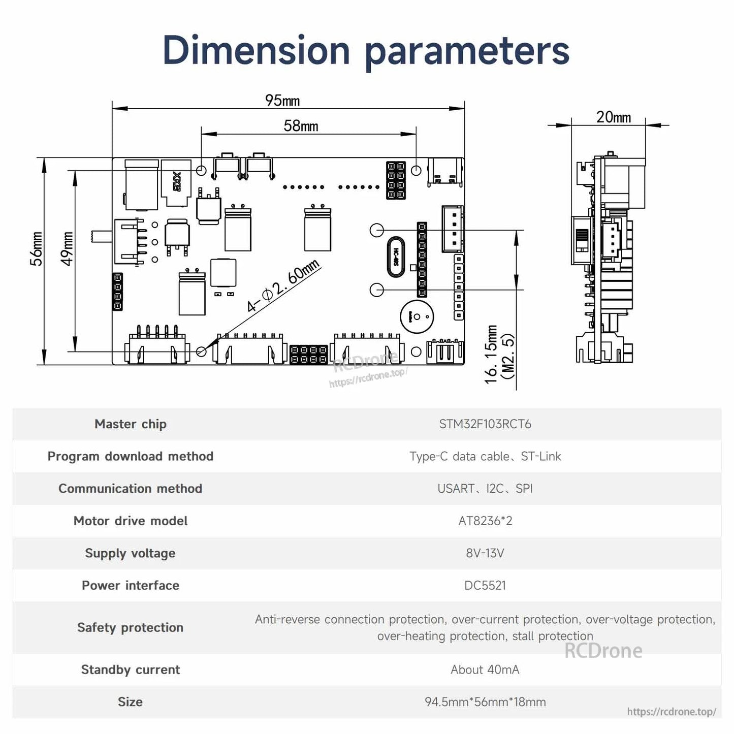 Dimension parameters and specs chart for STM32F103RCT6 board, including size and interfaces table