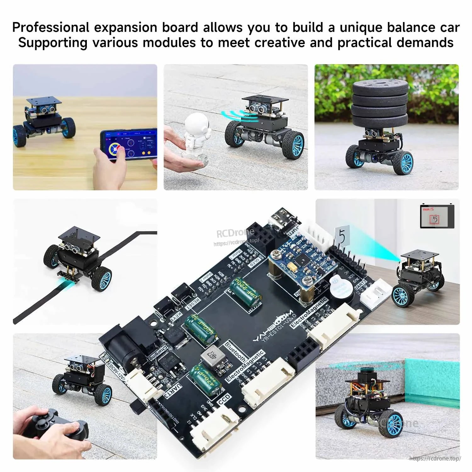 Self-balancing robot car application collage showing expansion board installed and used in different scenes