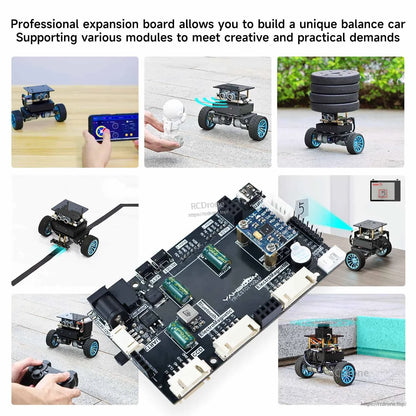 Self-balancing robot car application collage showing expansion board installed and used in different scenes