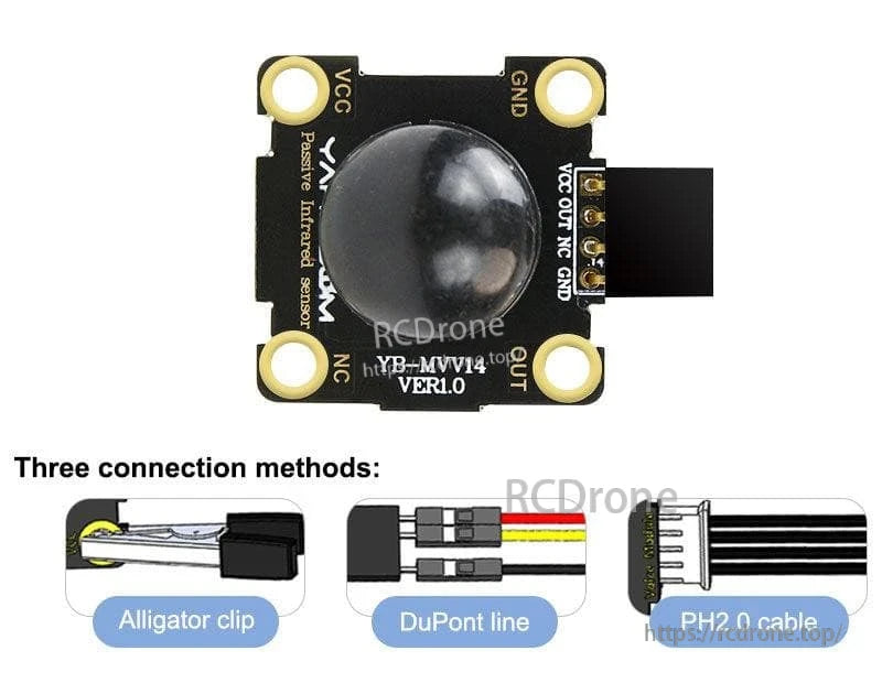 YB-HMV14 PIR sensor wiring options diagram showing alligator clip, DuPont line, and PH2.0 cable connections