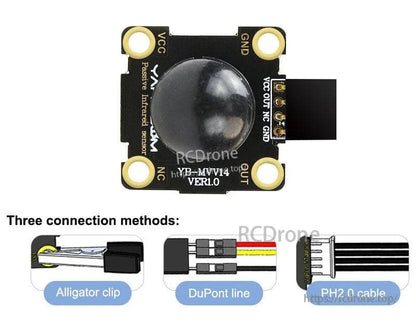 YB-HMV14 PIR sensor wiring options diagram showing alligator clip, DuPont line, and PH2.0 cable connections