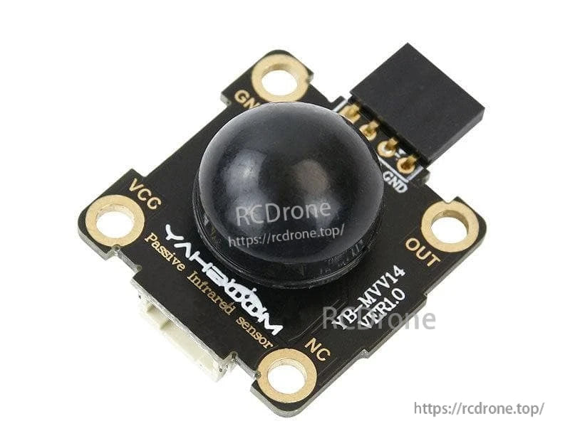 Angled view of Yahboom YB-HMV14 PIR motion sensor board with dome lens, mounting holes, and pin header