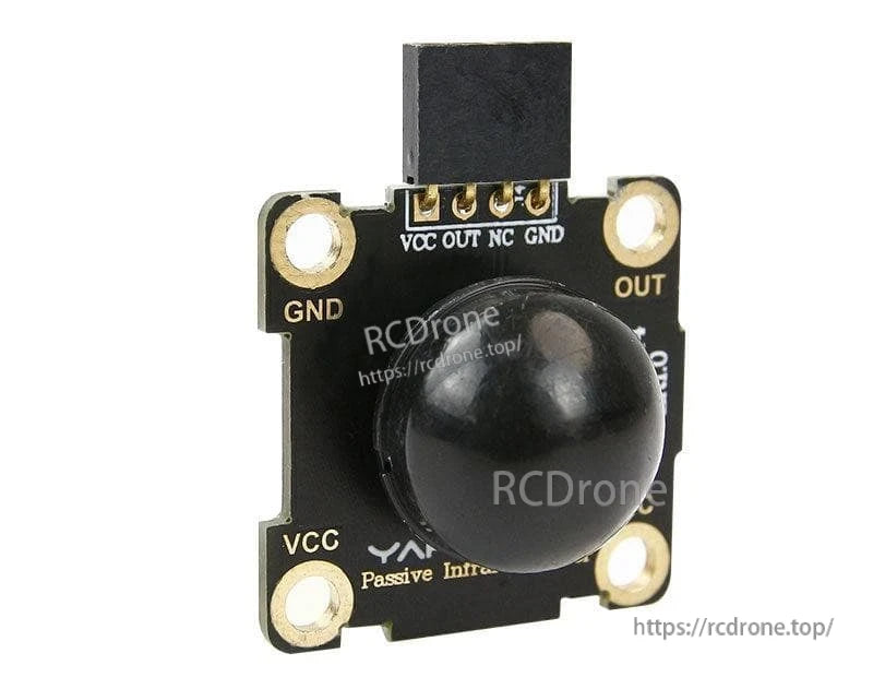 Close-up front view of PIR sensor module highlighting VCC OUT NC GND header and dome lens