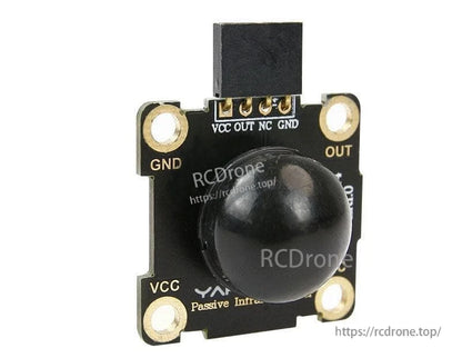 Close-up front view of PIR sensor module highlighting VCC OUT NC GND header and dome lens