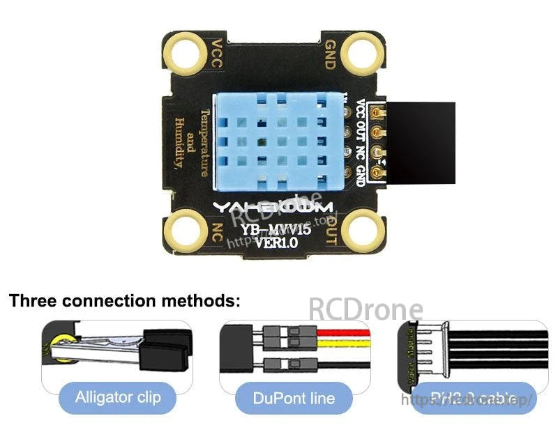 DHT11 sensor module diagram showing three connection methods: alligator clip, DuPont line, PH2.0 cable
