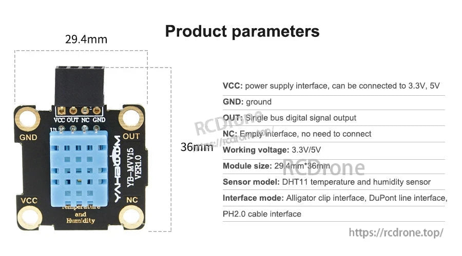 Product parameters graphic with board dimensions (29.4 mm by 36 mm) and basic interface notes
