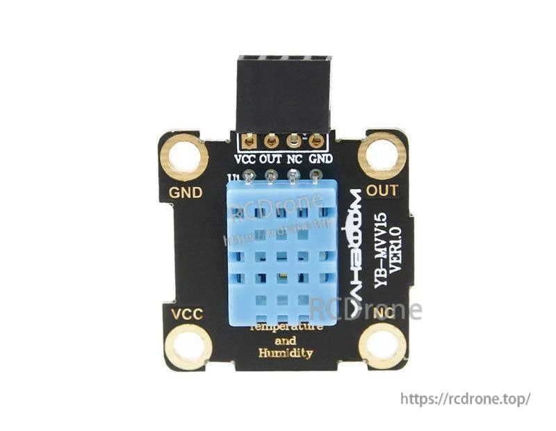 Top-down view of Yahboom YB-M16 V2.0 DHT11 module with mounting holes and labeled VCC/GND/OUT pads