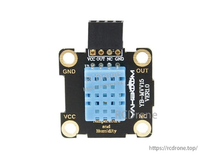 Top-down view of Yahboom YB-M16 V2.0 DHT11 module with mounting holes and labeled VCC/GND/OUT pads